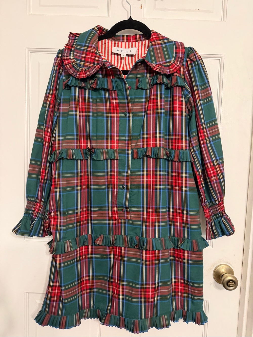Buru Green & Red Plaid Ruffle Mini Dress